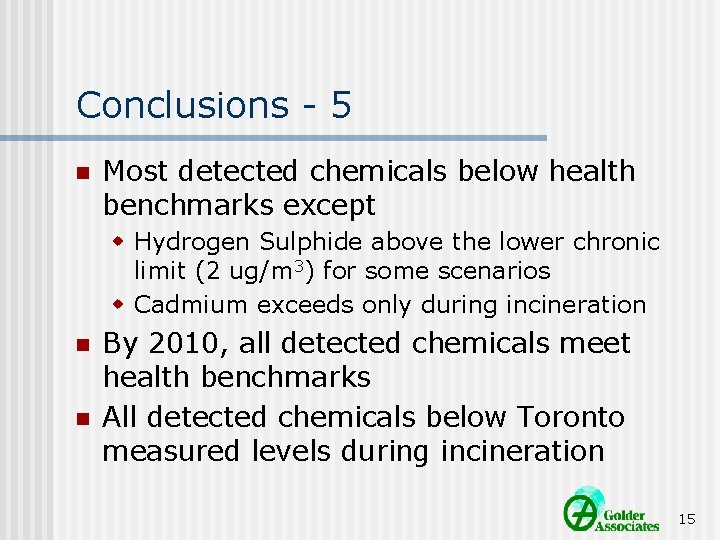 Conclusions - 5 n Most detected chemicals below health benchmarks except w Hydrogen Sulphide