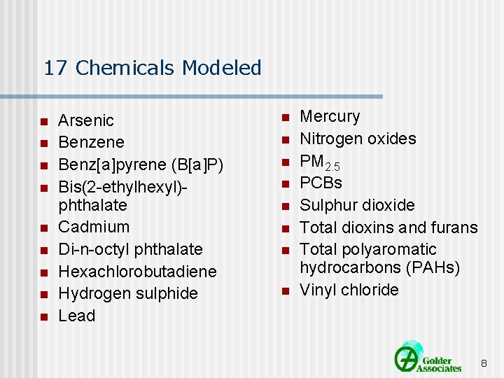 17 Chemicals Modeled n n n n n Arsenic Benzene Benz[a]pyrene (B[a]P) Bis(2 -ethylhexyl)phthalate