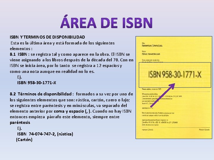 ISBN Y TERMINOS DE DISPONIBILIDAD Esta es la última área y está formada de