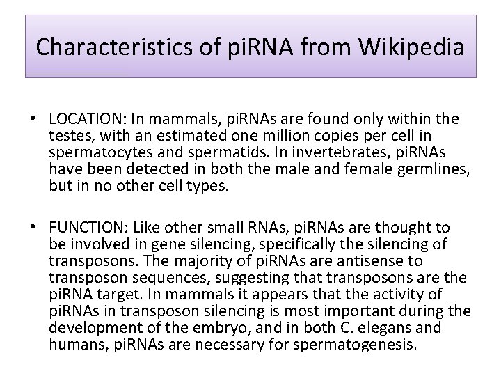 Characteristics of pi. RNA from Wikipedia • LOCATION: In mammals, pi. RNAs are found