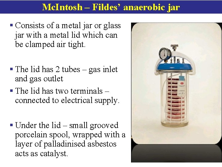 Mc. Intosh – Fildes’ anaerobic jar § Consists of a metal jar or glass