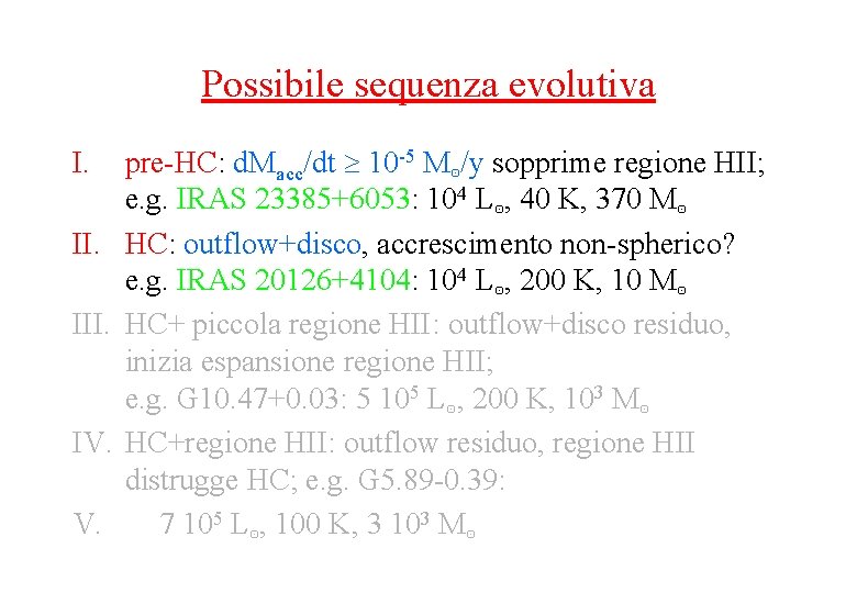 Possibile sequenza evolutiva I. III. IV. V. pre-HC: d. Macc/dt 10 -5 M⊙/y sopprime