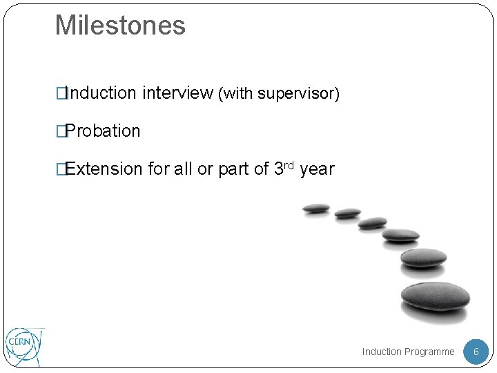 Milestones �Induction interview (with supervisor) �Probation �Extension for all or part of 3 rd