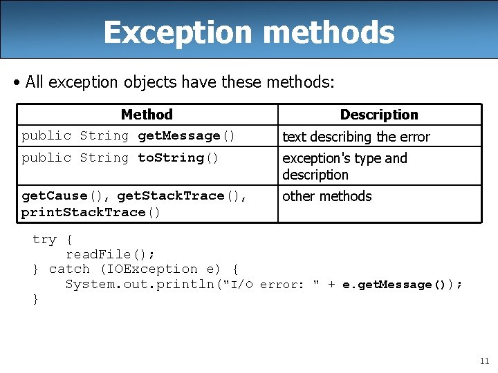 Exception methods • All exception objects have these methods: Method public String get. Message()