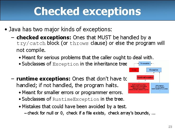 Checked exceptions • Java has two major kinds of exceptions: – checked exceptions: Ones