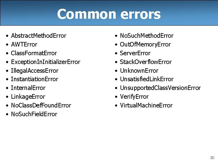 Common errors • • • Abstract. Method. Error AWTError Class. Format. Error Exception. Initializer.