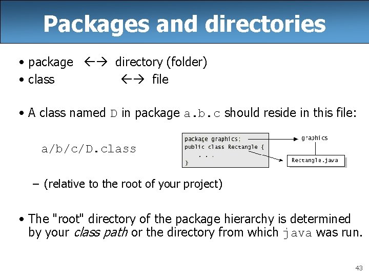 Packages and directories • package directory (folder) • class file • A class named