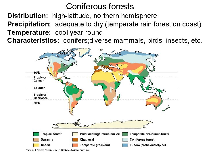 Coniferous forests Distribution: high-latitude, northern hemisphere Precipitation: adequate to dry (temperate rain forest on