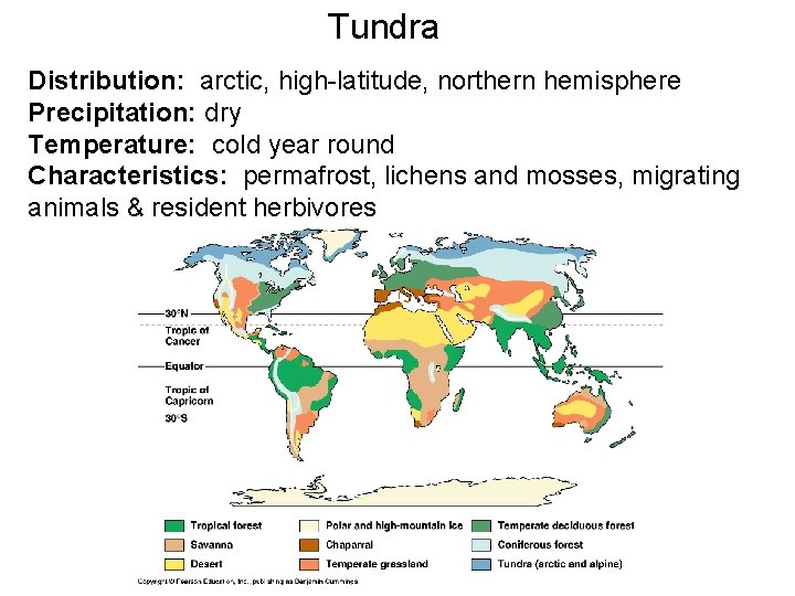 Tundra Distribution: arctic, high-latitude, northern hemisphere Precipitation: dry Temperature: cold year round Characteristics: permafrost,