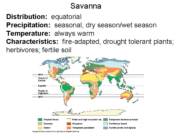 Savanna Distribution: equatorial Precipitation: seasonal, dry season/wet season Temperature: always warm Characteristics: fire-adapted, drought