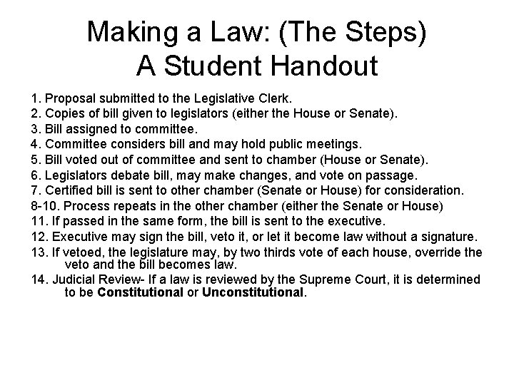 Making a Law: (The Steps) A Student Handout 1. Proposal submitted to the Legislative