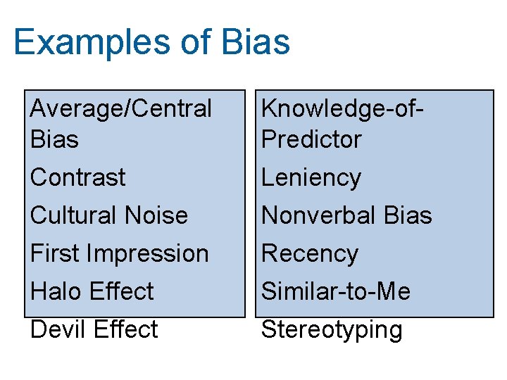 Examples of Bias Average/Central Bias Contrast Knowledge-of. Predictor Leniency Cultural Noise Nonverbal Bias First