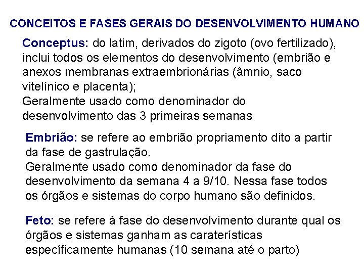 CONCEITOS E FASES GERAIS DO DESENVOLVIMENTO HUMANO Conceptus: do latim, derivados do zigoto (ovo