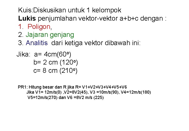 Kuis: Diskusikan untuk 1 kelompok Lukis penjumlahan vektor-vektor a+b+c dengan : 1. Poligon, 2.