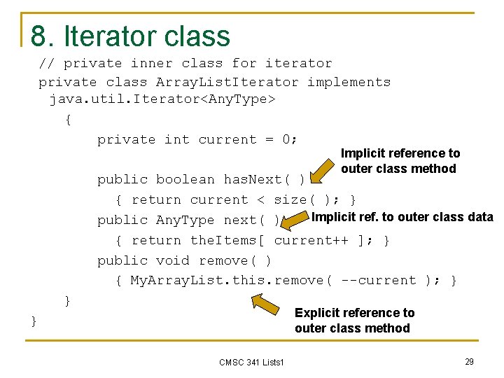 8. Iterator class // private inner class for iterator private class Array. List. Iterator