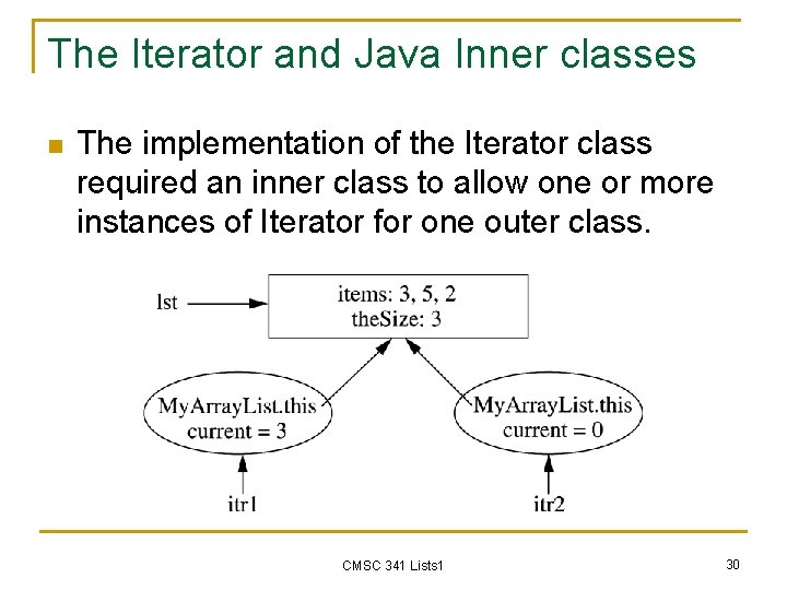 The Iterator and Java Inner classes n The implementation of the Iterator class required