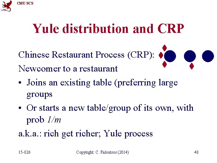 CMU SCS Yule distribution and CRP Chinese Restaurant Process (CRP): Newcomer to a restaurant