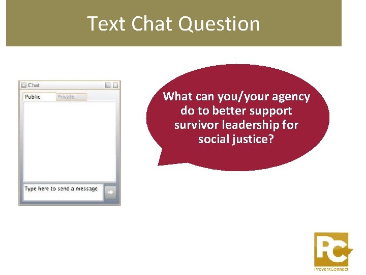 Text Chat Question What can you/your agency do to better support survivor leadership for