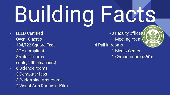 Building Facts - LEED Certified Over 18 acres 134, 722 Square Feet ADA compliant