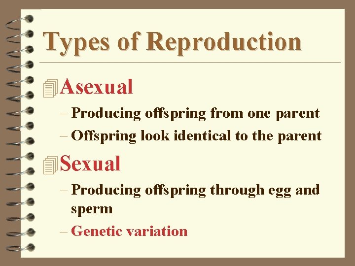 Types of Reproduction 4 Asexual – Producing offspring from one parent – Offspring look