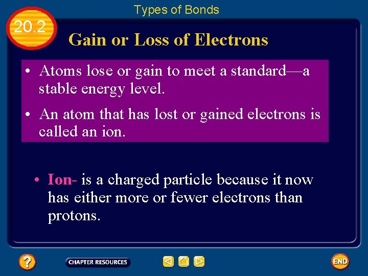 Types of Bonds 20. 2 Gain or Loss of Electrons • Atoms lose or