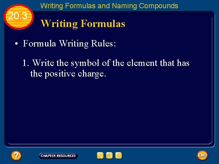 Writing Formulas and Naming Compounds 20. 3 Writing Formulas • Formula Writing Rules: 1.