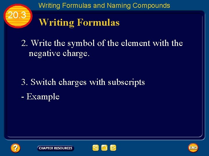 Writing Formulas and Naming Compounds 20. 3 Writing Formulas 2. Write the symbol of