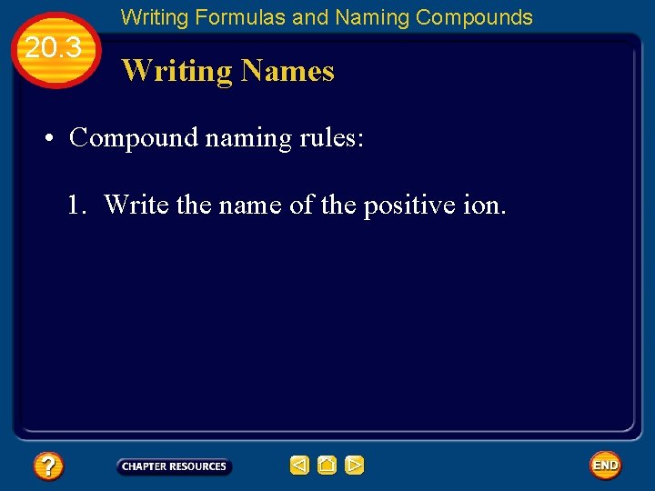 Writing Formulas and Naming Compounds 20. 3 Writing Names • Compound naming rules: 1.