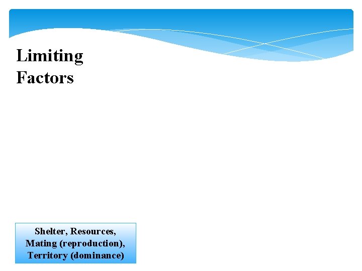 Limiting Factors Shelter, Resources, Mating (reproduction), Territory (dominance) 