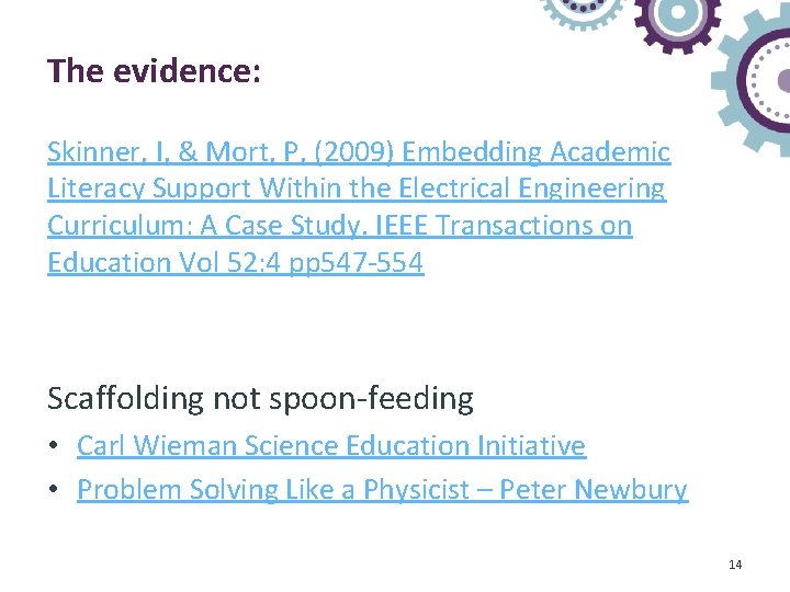 The evidence: Skinner, I, & Mort, P, (2009) Embedding Academic Literacy Support Within the