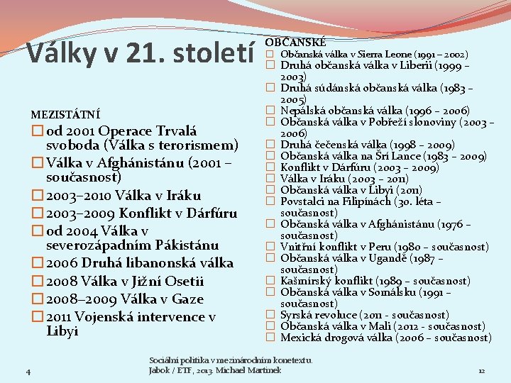 Války v 21. století MEZISTÁTNÍ � od 2001 Operace Trvalá svoboda (Válka s terorismem)