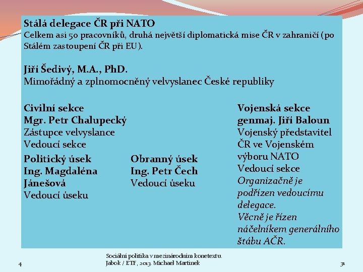 Stálá delegace ČR při NATO Celkem asi 50 pracovníků, druhá největší diplomatická mise ČR