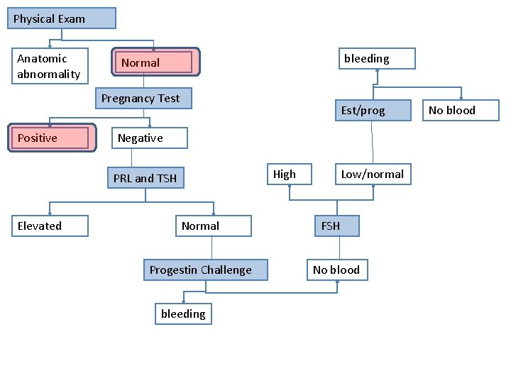 Physical Exam Anatomic abnormality bleeding Normal Pregnancy Test Positive Est/prog Negative High PRL and