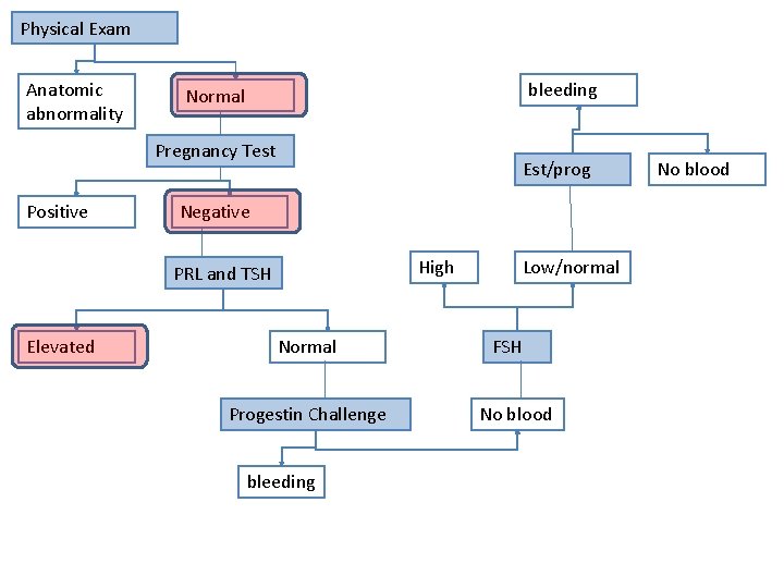 Physical Exam Anatomic abnormality bleeding Normal Pregnancy Test Positive Est/prog Negative High PRL and