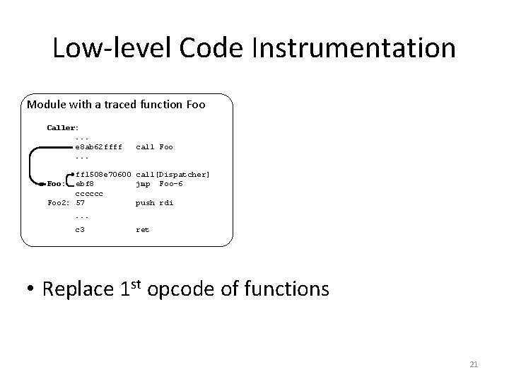 Low-level Code Instrumentation Module with a traced function Foo Caller: . . . e