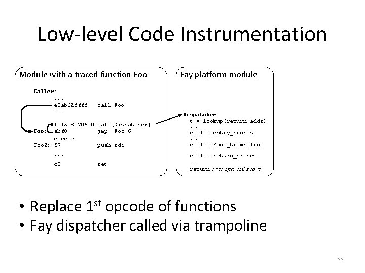 Low-level Code Instrumentation Module with a traced function Foo Caller: . . . e