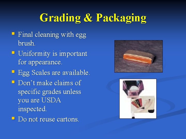 Grading & Packaging § Final cleaning with egg § § brush. Uniformity is important