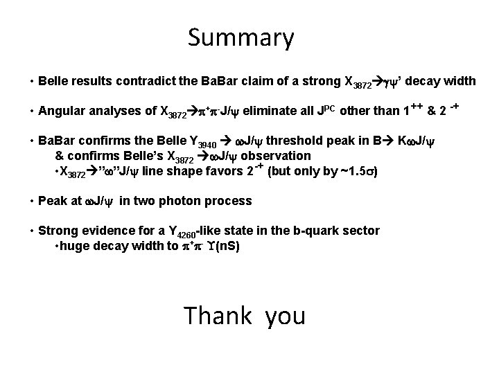 Summary • Belle results contradict the Ba. Bar claim of a strong X 3872
