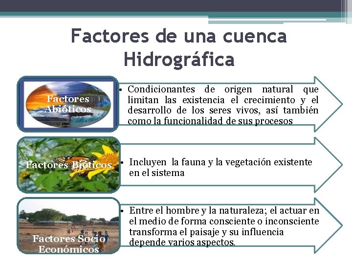 Factores de una cuenca Hidrográfica Factores Abióticos • Condicionantes de origen natural que limitan