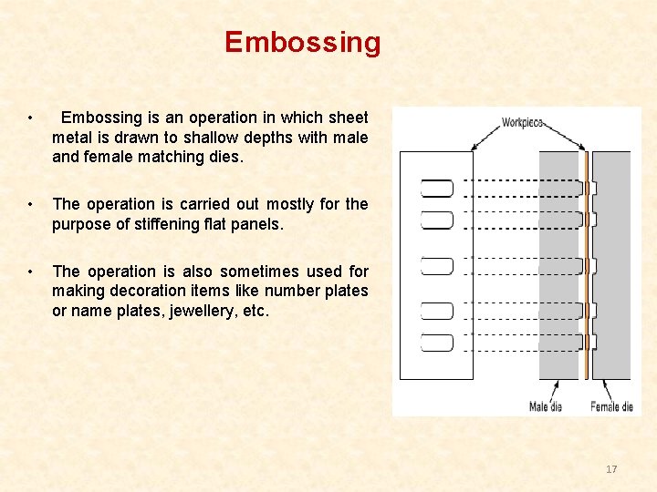 Embossing • Embossing is an operation in which sheet metal is drawn to shallow