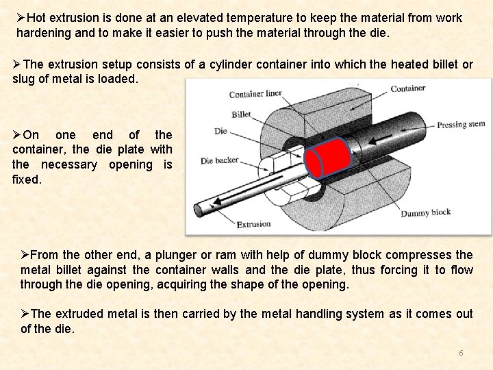 ØHot extrusion is done at an elevated temperature to keep the material from work