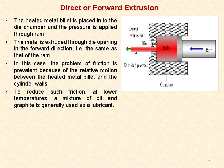 Direct or Forward Extrusion • • The heated metal billet is placed in to