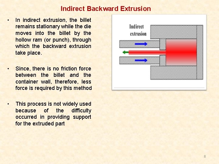 Indirect Backward Extrusion • In indirect extrusion, the billet remains stationary while the die