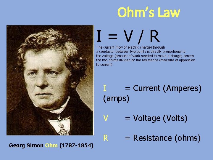 Ohm’s Law I=V/R The current (flow of electric charge) through a conductor between two