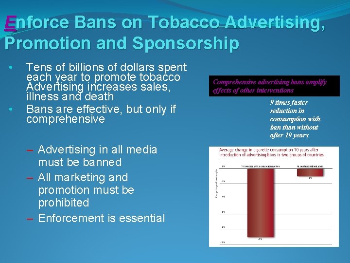 Enforce Bans on Tobacco Advertising, Promotion and Sponsorship • • Tens of billions of