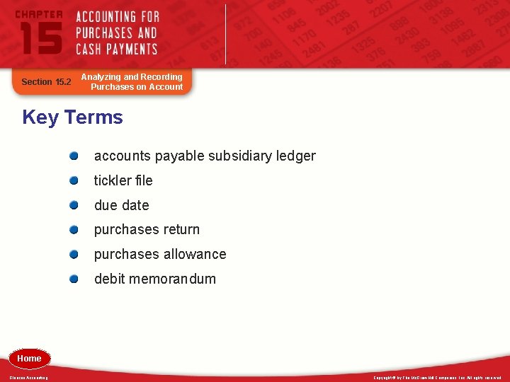 Section 15. 2 Analyzing and Recording Purchases on Account Key Terms accounts payable subsidiary