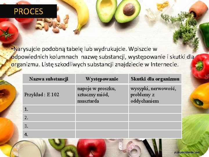 PROCES • Narysujcie podobną tabelę lub wydrukujcie. Wpiszcie w odpowiednich kolumnach nazwę substancji, występowanie