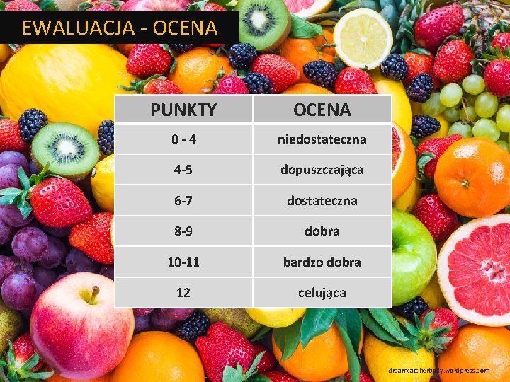 EWALUACJA - OCENA PUNKTY OCENA 0 -4 niedostateczna 4 -5 dopuszczająca 6 -7 dostateczna