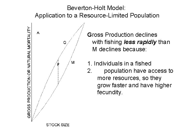 Beverton-Holt Model: Application to a Resource-Limited Population Gross Production declines with fishing less rapidly