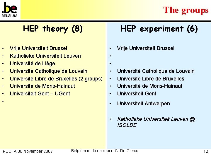 The groups HEP theory (8) • • Vrije Universiteit Brussel Katholieke Universiteit Leuven Université